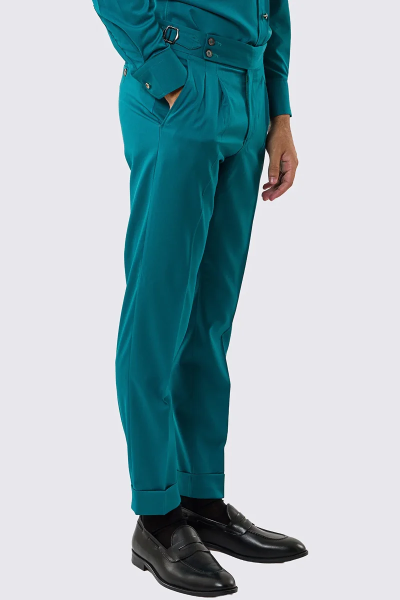 Pantalone uomo verde petrolio vita alta con fibbie laterali regolabili fresco lana Vitale Barberis Super 130’s tasca america risvolto 5cm - immagine 4