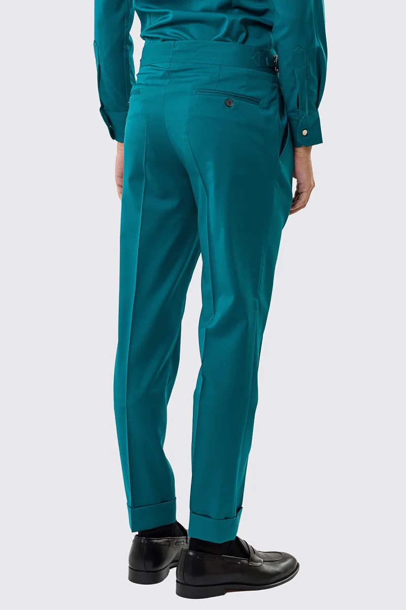 Pantalone uomo verde petrolio vita alta con fibbie laterali regolabili fresco lana Vitale Barberis Super 130’s tasca america risvolto 5cm - immagine 5