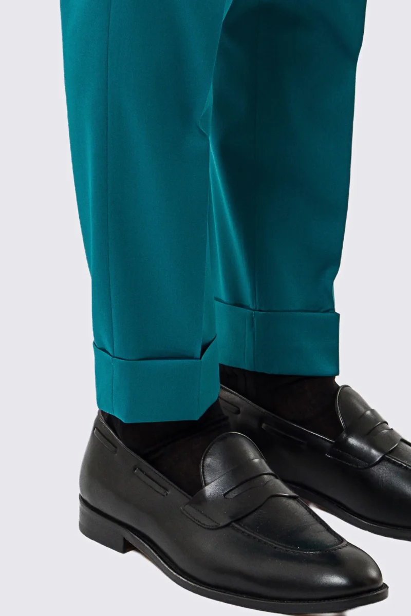 Pantalone uomo verde petrolio vita alta con fibbie laterali regolabili fresco lana Vitale Barberis Super 130’s tasca america risvolto 5cm - immagine 7