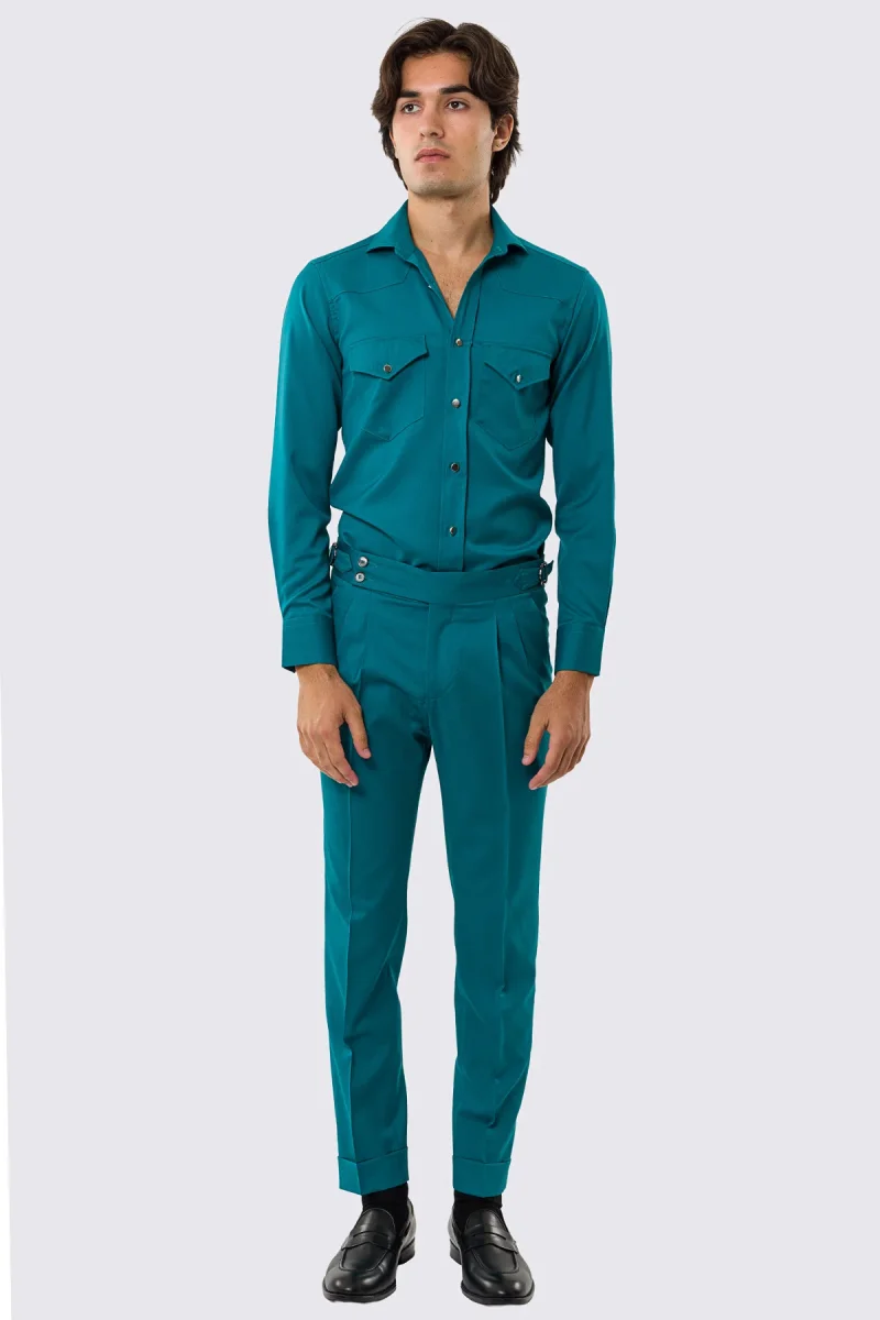 Pantalone uomo verde petrolio vita alta con fibbie laterali regolabili fresco lana Vitale Barberis Super 130’s tasca america risvolto 5cm - immagine 3