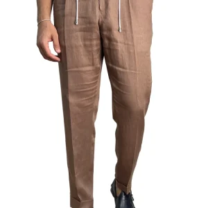 Pantalaccio uomo marrone in lino 100% made in italy tasca america con doppia pence e laccio in vita risvolto 5cm