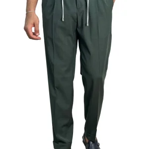 Pantalaccio uomo verde fresco lana misto made in italy tasca america con doppia pence e laccio in vita risvolto 5cm