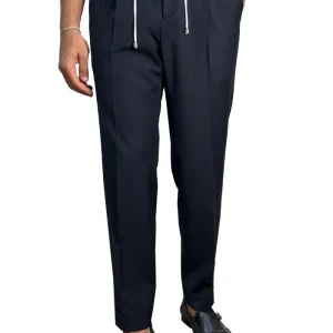 Pantalaccio uomo blu fresco lana misto made in italy tasca america con doppia pence e laccio in vita risvolto 5cm