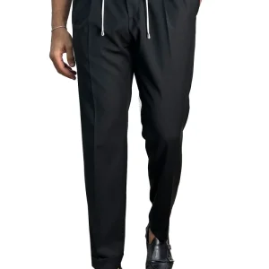 Pantalaccio uomo nero fresco lana misto made in italy tasca america con doppia pence e laccio in vita risvolto 5cm