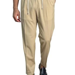 Pantalaccio uomo beige fresco lana misto made in italy tasca america con doppia pence e laccio in vita risvolto 5cm