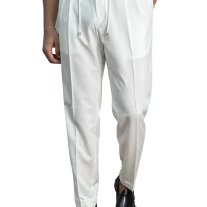 Pantalaccio uomo bianco fresco lana misto made in italy tasca america con doppia pence e laccio in vita risvolto 5cm