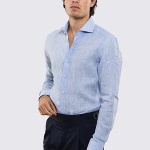 Camicia Celeste in Lino 100% made in italy da uomo collo semi francese morbido slim fit effetto melange mileta tessuti