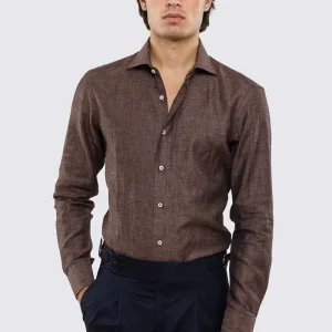 Camicia Marrone in Lino 100% made in italy da uomo collo semi francese morbido slim fit effetto melange mileta tessuti