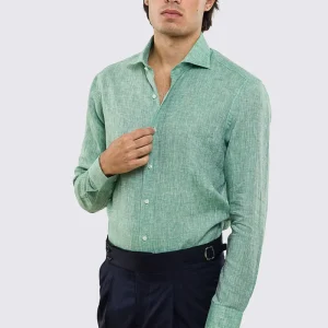 Camicia Verde in Lino 100% made in italy da uomo collo semi francese morbido slim fit effetto melange mileta tessuti