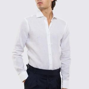 Camicia Bianca in Lino 100% made in italy da uomo collo semi francese morbido slim fit effetto melange mileta tessuti