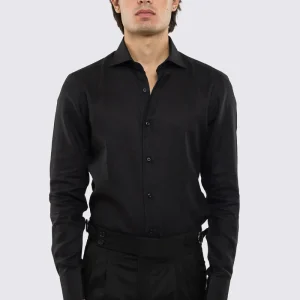 Camicia nera in Lino 100% made in italy da uomo collo semi francese morbido slim fit effetto melange mileta tessuti