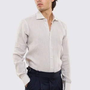 Camicia beige in Lino 100% made in italy da uomo collo semi francese morbido slim fit effetto melange mileta tessuti