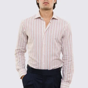 Camicia beige rigata in Lino 100% made in italy da uomo collo semi francese morbido slim fit effetto melange mileta tessuti