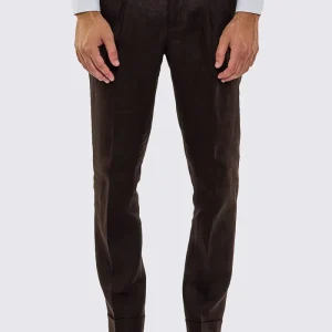 Pantalone marrone Vita  Alta Uomo In Lino 100% Doppia Pinces Fibbie Laterali E Risvolto 5cm