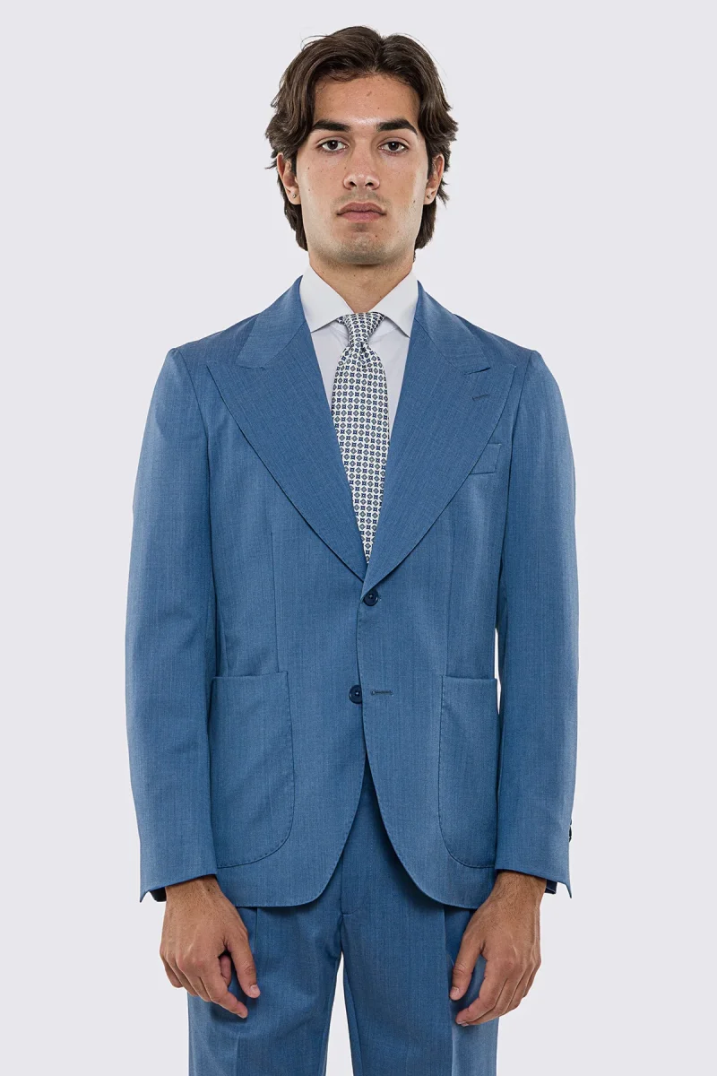 Abito uomo Monopetto Denim fresco lana super 130’s Vitale Barberis Canonico sfoderata Rever a lancia tasche a toppe - immagine 3