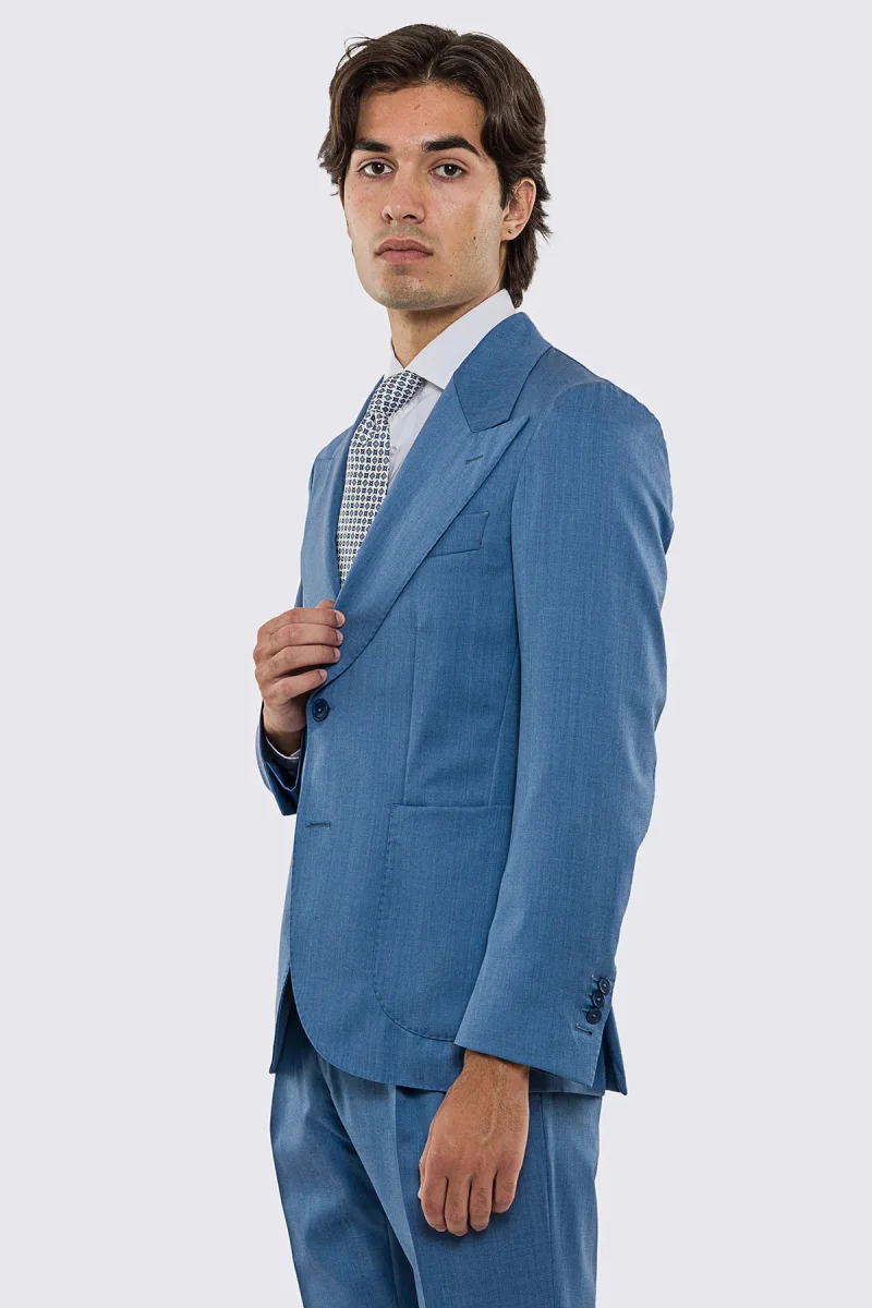 Abito uomo Monopetto Denim fresco lana super 130’s Vitale Barberis Canonico sfoderata Rever a lancia tasche a toppe - immagine 8