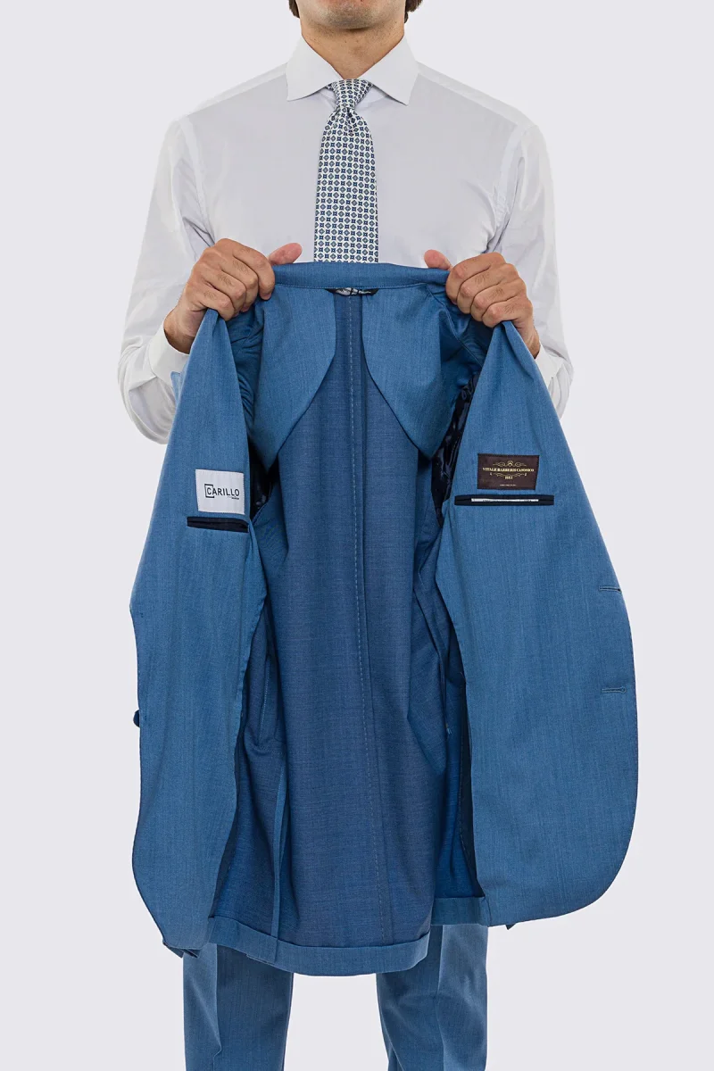 Abito uomo Monopetto Denim fresco lana super 130’s Vitale Barberis Canonico sfoderata Rever a lancia tasche a toppe - immagine 4