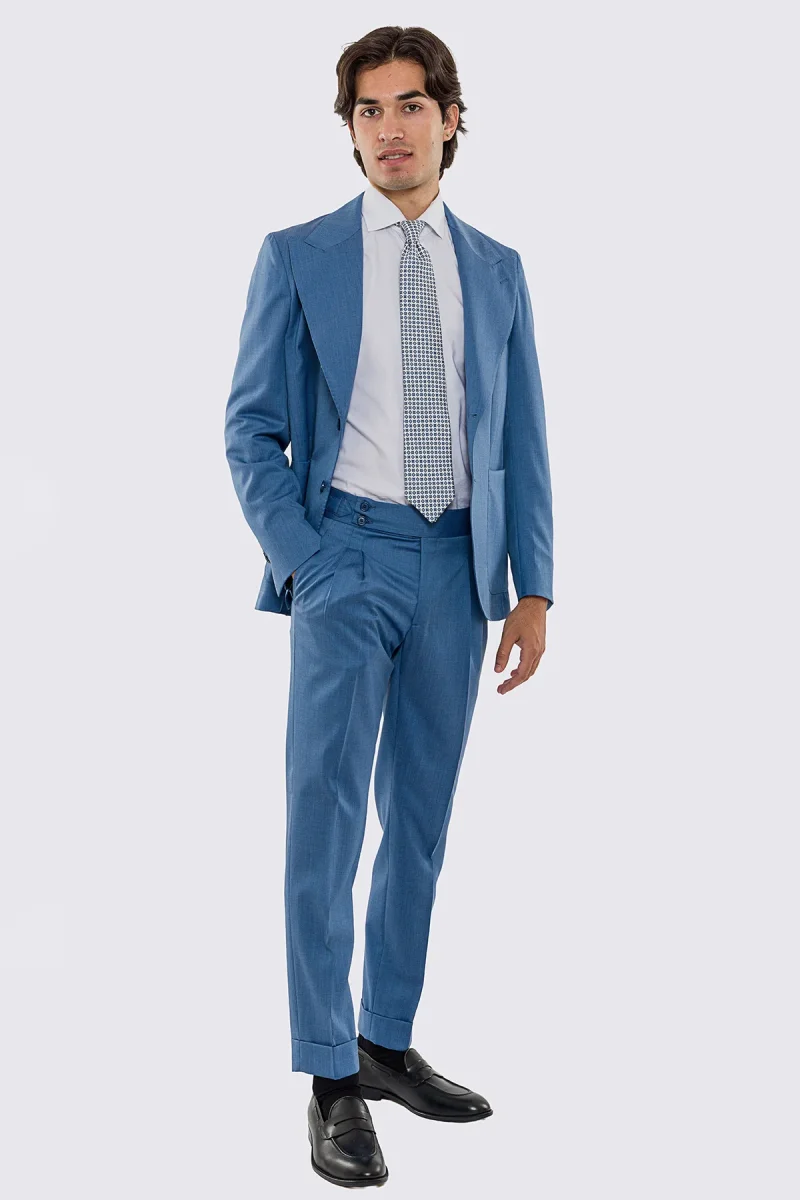 Abito uomo Monopetto Denim fresco lana super 130’s Vitale Barberis Canonico sfoderata Rever a lancia tasche a toppe - immagine 5