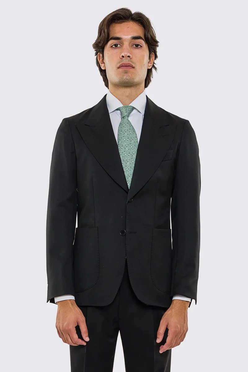 Abito uomo Monopetto nera fresco lana super 130’s Vitale Barberis Canonico sfoderata Rever a lancia tasche a toppe - immagine 8