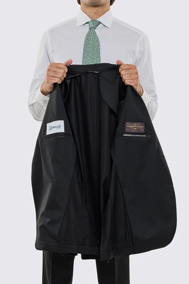 Abito uomo Monopetto nera fresco lana super 130’s Vitale Barberis Canonico sfoderata Rever a lancia tasche a toppe - immagine 4