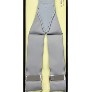 Bretelle da uomo grigie tinta unita in raso 3,5 cm regolabili con chiusura pinze argento