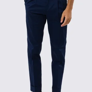 Pantalone uomo Blu vita alta con fibbie laterali tasca america in cotone leggermente elastico risvolto 5cm made in italy
