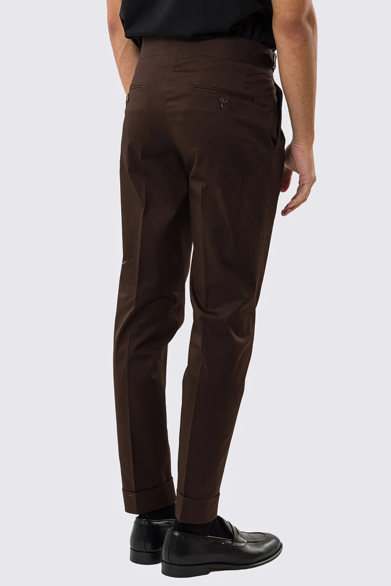 Pantalone uomo Marrone vita alta con fibbie laterali tasca america in cotone leggermente elastico risvolto 5cm made in italy - immagine 5