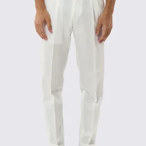 Pantalone uomo Bianco vita alta con fibbie laterali tasca america effetto fresco lana risvolto 5cm made in italy