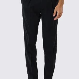 Pantalone uomo nero vita alta con fibbie laterali tasca america effetto fresco lana risvolto 5cm made in italy