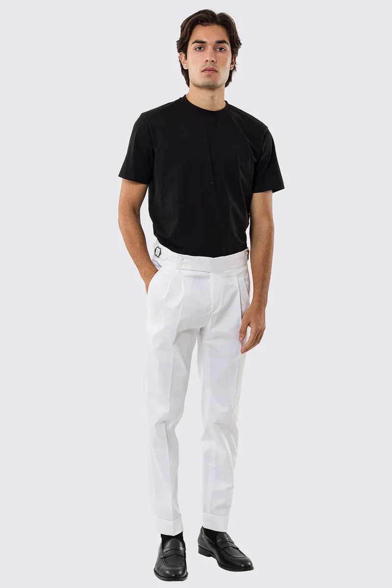 Pantalone uomo Bianco vita alta con fibbie laterali tasca america in cotone leggermente elastico risvolto 5cm made in italy - immagine 3