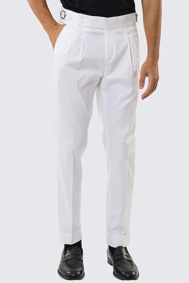 Pantalone uomo Bianco vita alta con fibbie laterali tasca america in cotone leggermente elastico risvolto 5cm made in italy - immagine 2