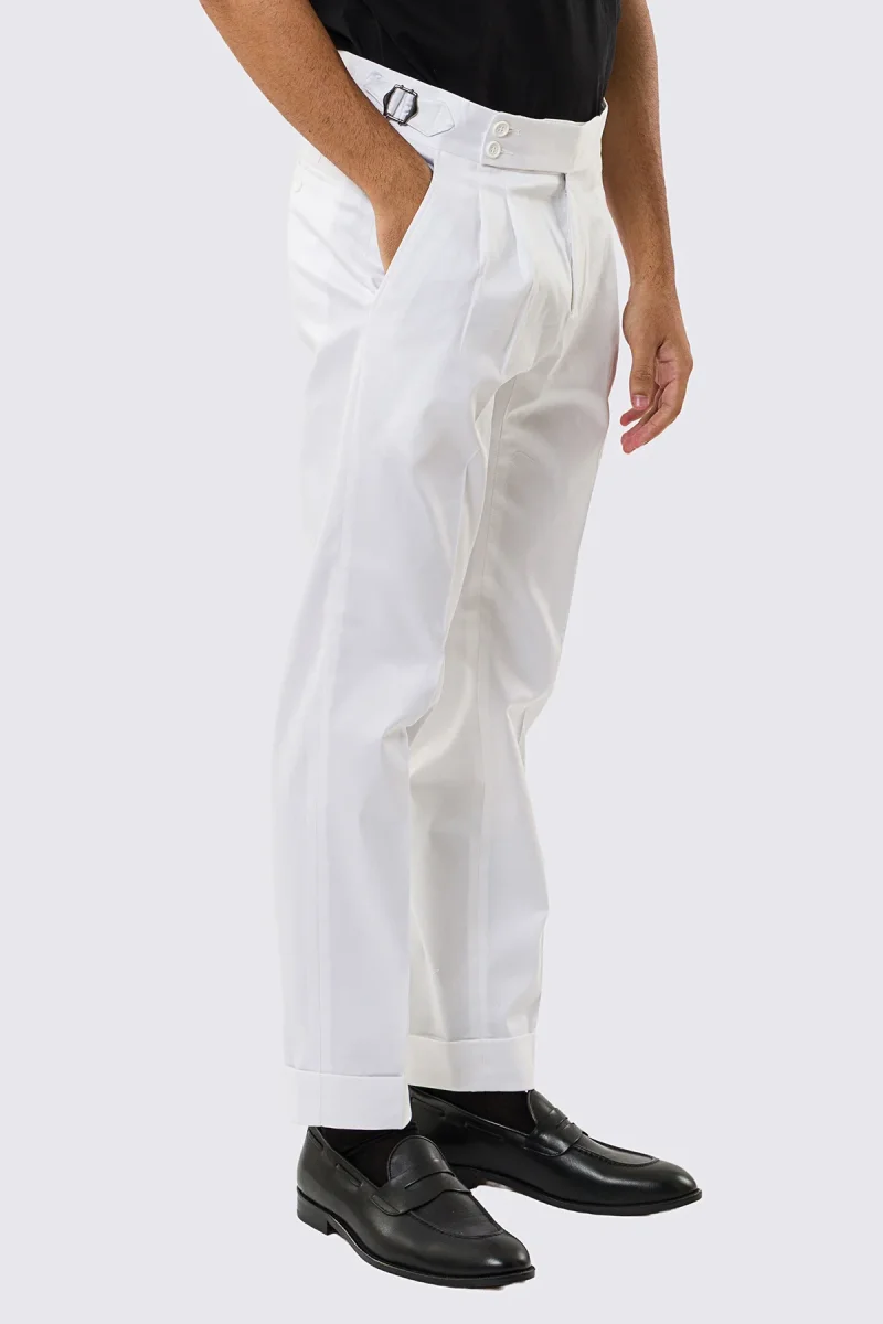 Pantalone uomo Bianco vita alta con fibbie laterali tasca america in cotone leggermente elastico risvolto 5cm made in italy - immagine 4