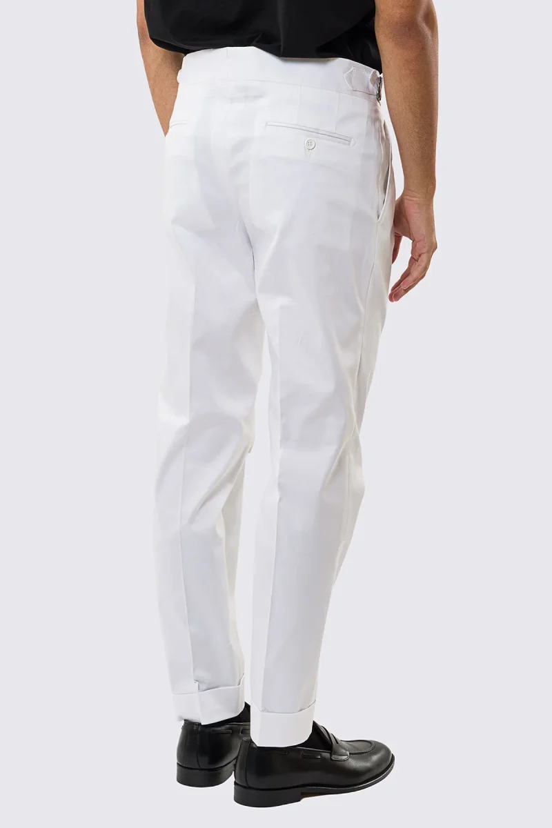 Pantalone uomo Bianco vita alta con fibbie laterali tasca america in cotone leggermente elastico risvolto 5cm made in italy - immagine 5