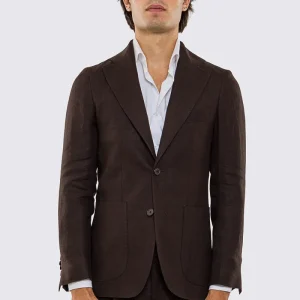 Giacca uomo Monopetto Marrone in lino 100% sfoderata Rever classico 11 cm tasche a toppe