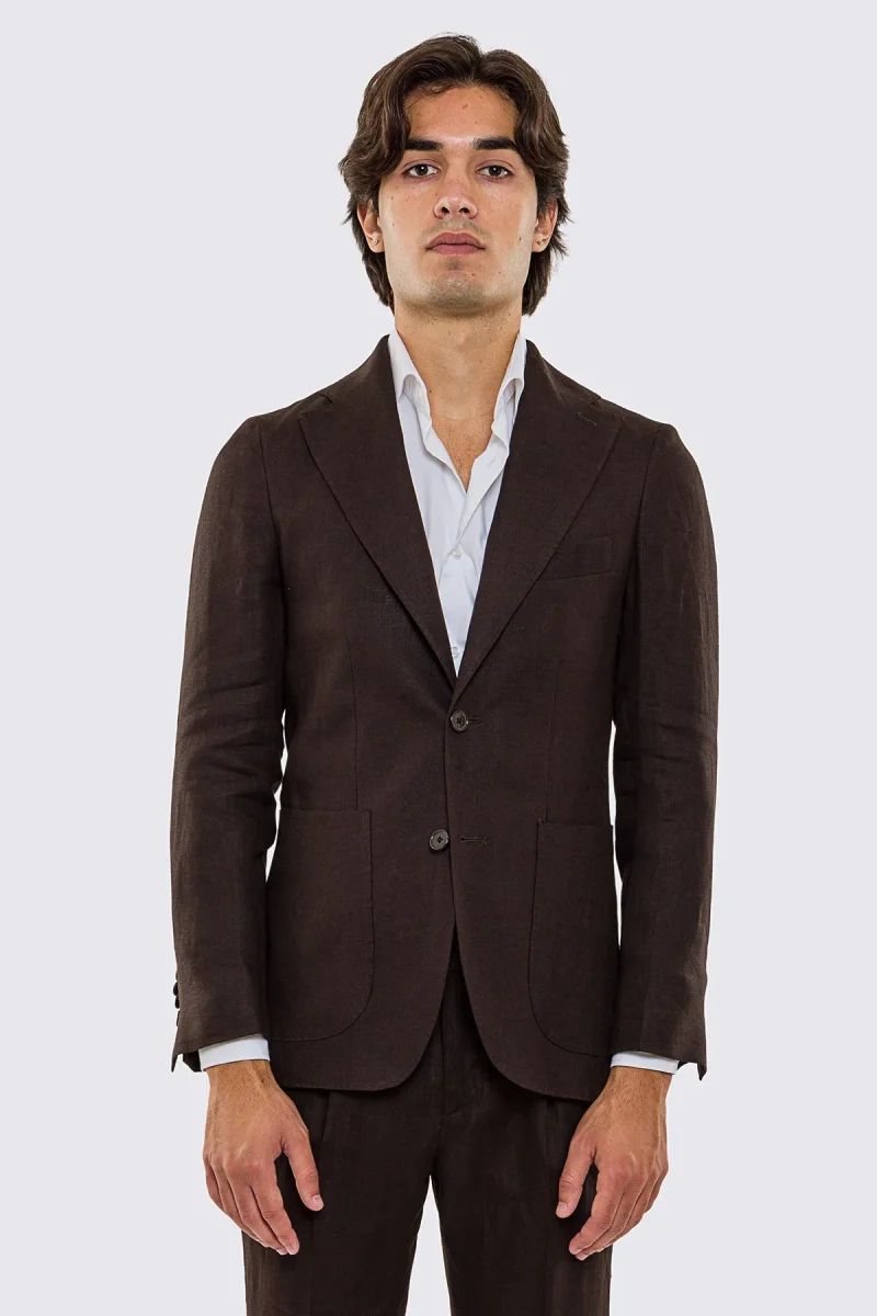 Giacca uomo Monopetto Marrone in lino 100% sfoderata Rever classico 11 cm tasche a toppe - immagine 2