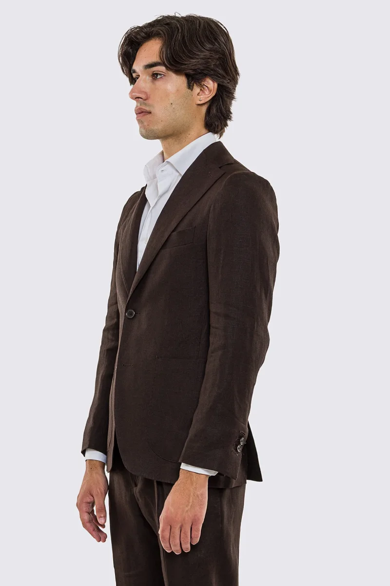 Giacca uomo Monopetto Marrone in lino 100% sfoderata Rever classico 11 cm tasche a toppe - immagine 4