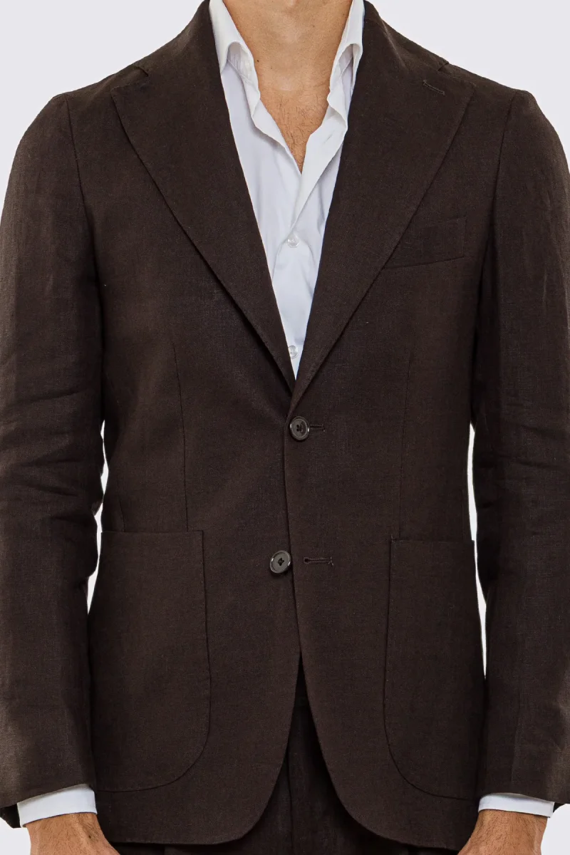 Giacca uomo Monopetto Marrone in lino 100% sfoderata Rever classico 11 cm tasche a toppe - immagine 6