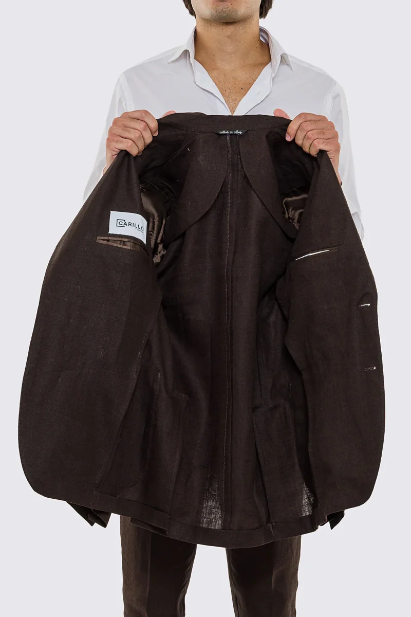 Giacca uomo Monopetto Marrone in lino 100% sfoderata Rever classico 11 cm tasche a toppe - immagine 8