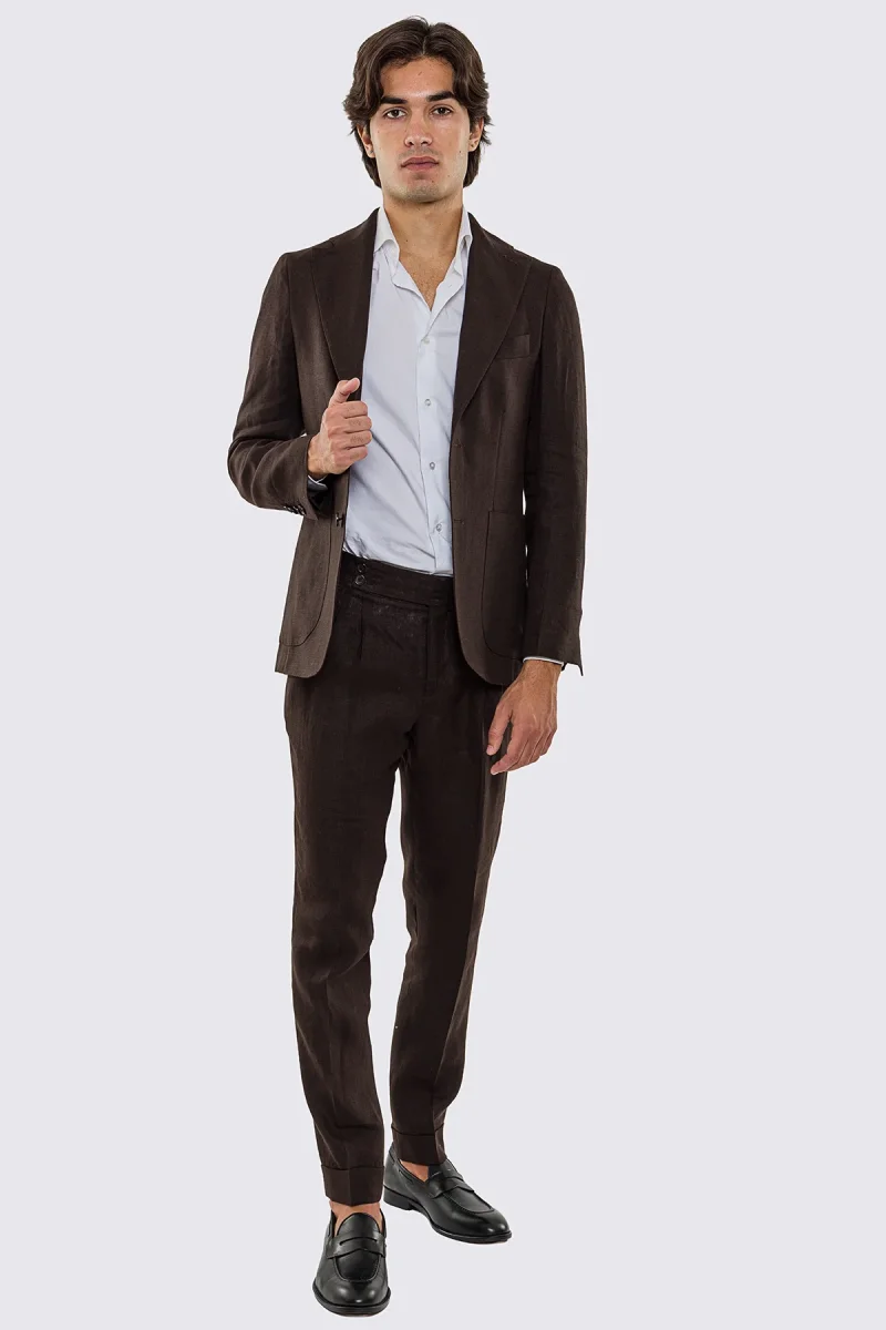 Giacca uomo Monopetto Marrone in lino 100% sfoderata Rever classico 11 cm tasche a toppe - immagine 3