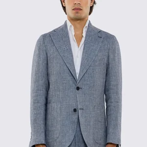 Abito uomo Monopetto blu spigato in lino 100% fordam tessuti Napoli sfoderata Rever classico 11 cm tasche a toppe