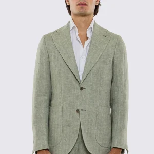 Giacca uomo Monopetto Verde spigata in lino 100% fordam tessuti Napoli sfoderata Rever classico 11 cm tasche a toppe