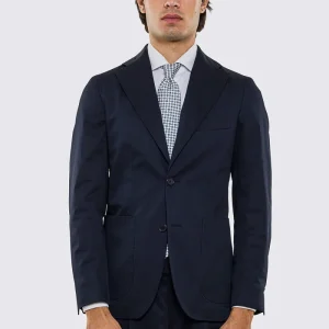 Giacca uomo Monopetto blu in cotone leggermente elastico sfoderata Rever classico 11 cm tasche a toppe