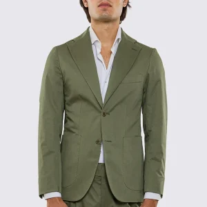 Giacca uomo Monopetto verde militare in cotone leggermente elastico sfoderata Rever classico 11 cm tasche a toppe