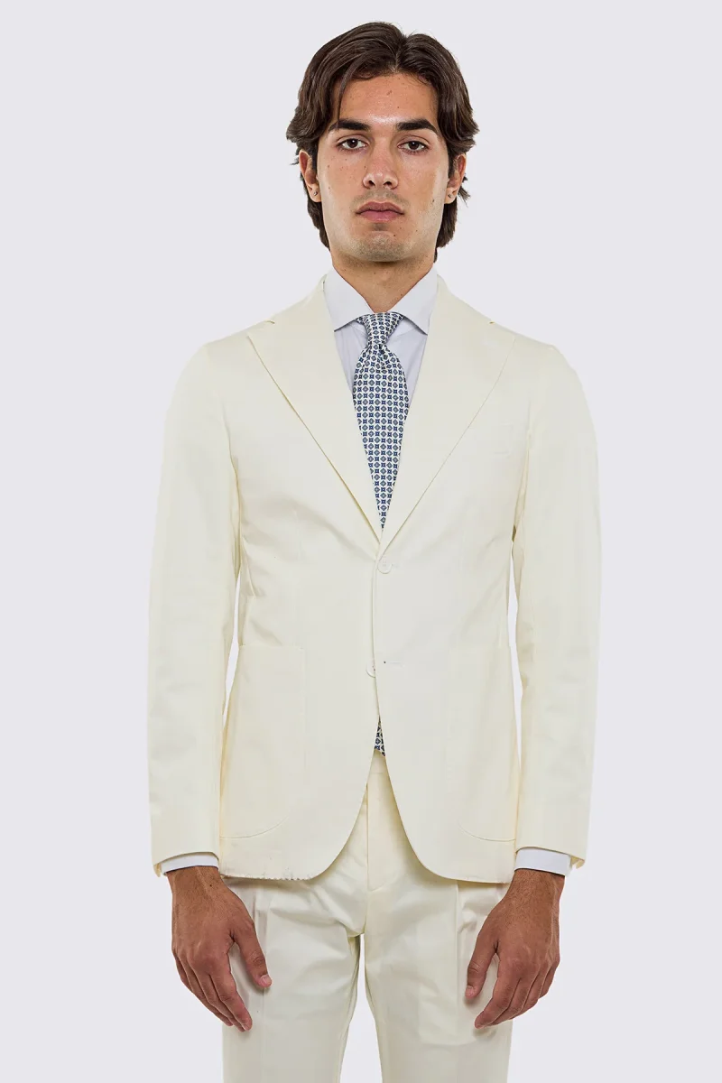 Giacca uomo Monopetto Panna in cotone leggermente elastico sfoderata Rever classico 11 cm tasche a toppe