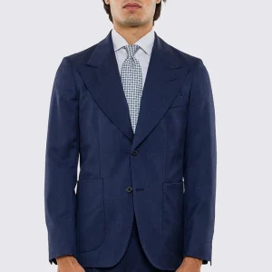 Giacca uomo Monopetto blu denim fresco lana super 130’s Vitale Barberis Canonico sfoderata Rever a lancia tasche a toppe