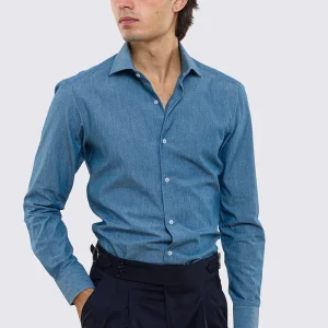 Camicia Uomo denim slim fit 100% cotone Collo semi francese polso smussato bottoni bianchi effetto madreperla