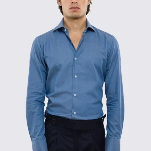 Camicia Uomo denim slim fit 100% cotone Collo semi francese polso smussato bottoni bianchi effetto madreperla