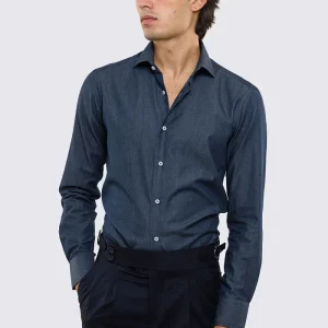 Camicia Uomo denim slim fit 100% cotone Collo semi francese polso smussato bottoni bianchi effetto madreperla