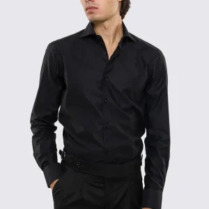 Camicia Uomo nera slim fit in cotone 100% Collo semi francese tinta unita sartoriale