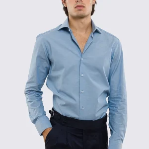 Camicia Uomo denim chiaro slim fit 100% cotone Collo semi francese polso smussato bottoni bianchi effetto madreperla